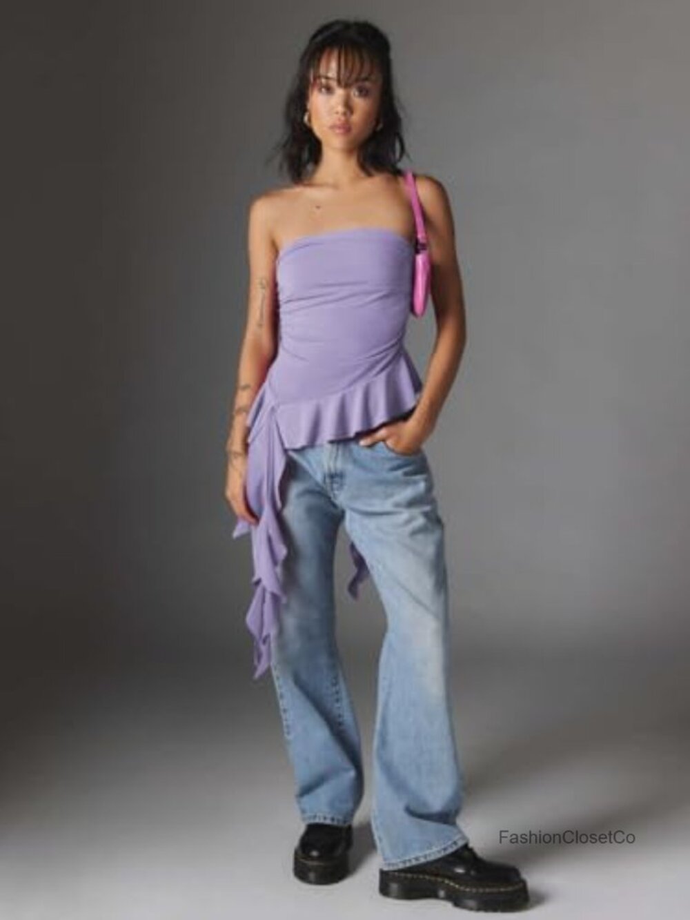 Strapless Tube Top Ruffled Asymmetrical Hem Ruched Bandeau Cami Tank - Picture 4 of 6
